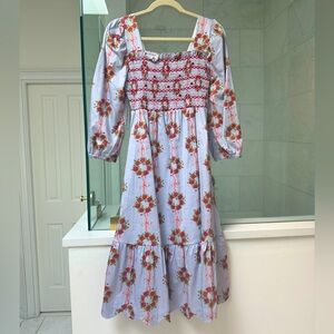 Smocked Floral Long Sleeve Midi Dress - Lavender/Pink